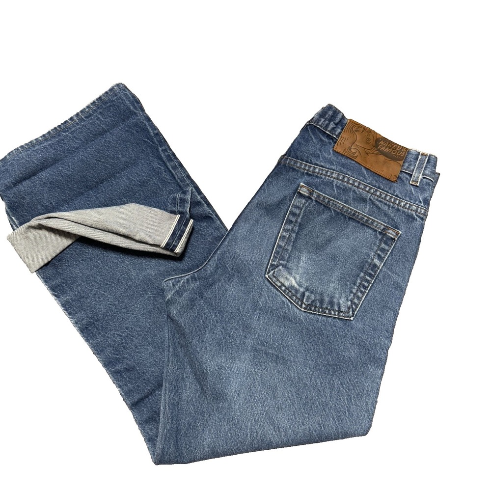 Naked & Famous Jeans Mens Size 34x28 Blue Selvedge Denim Straight Leg Distressed